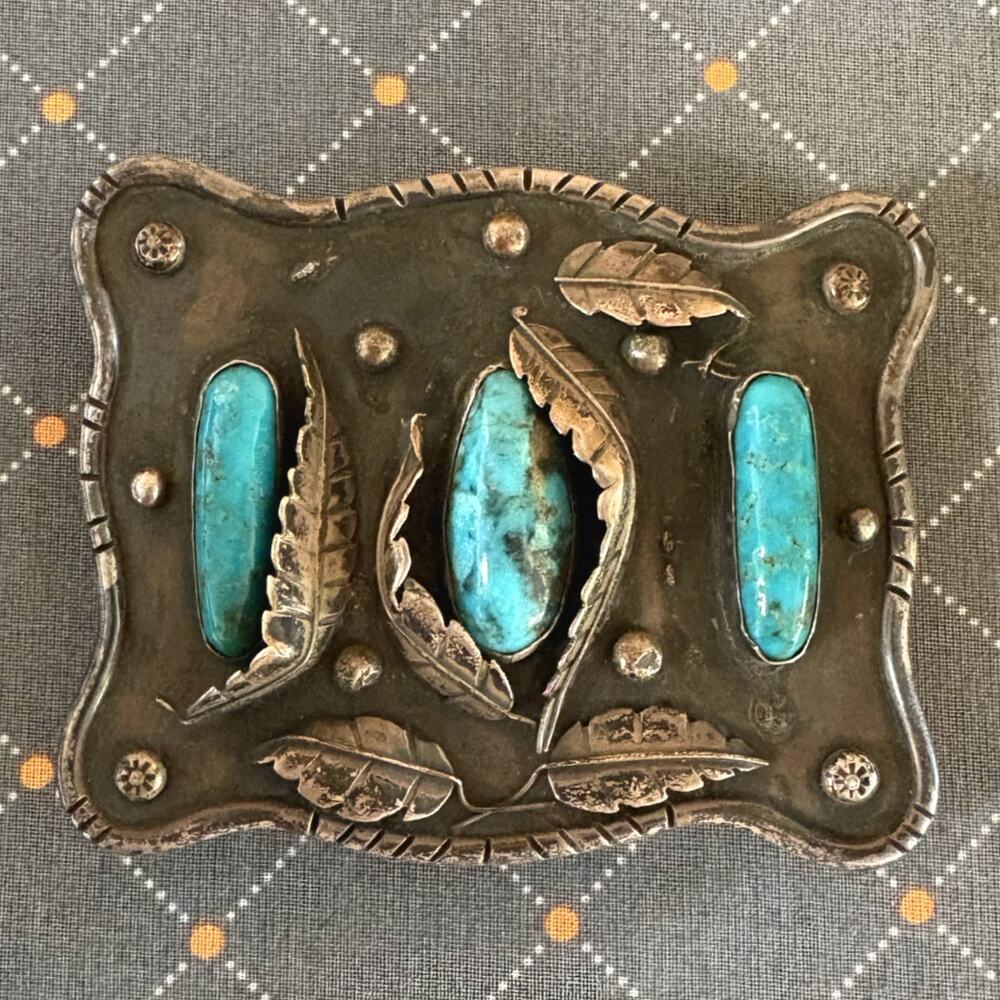 1950s Native American NAVAJO Sterling & Turquoise Belt Buckle Leaves Raindrops - Picture 4 of 4